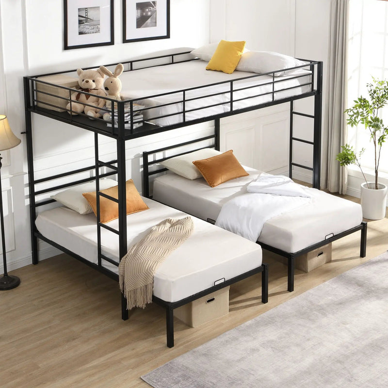 Modern Metal Triple Bunk Bed With Vertical Ladder, Safety Rail, And Storage Shelf - Black by Unique Piece Furniture