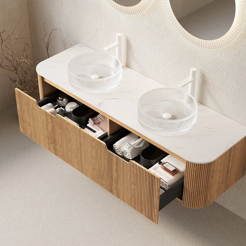 DINA 60" Bathroom Vanity with Floating Curved Edges and Glass Basins by HouseOfZazla