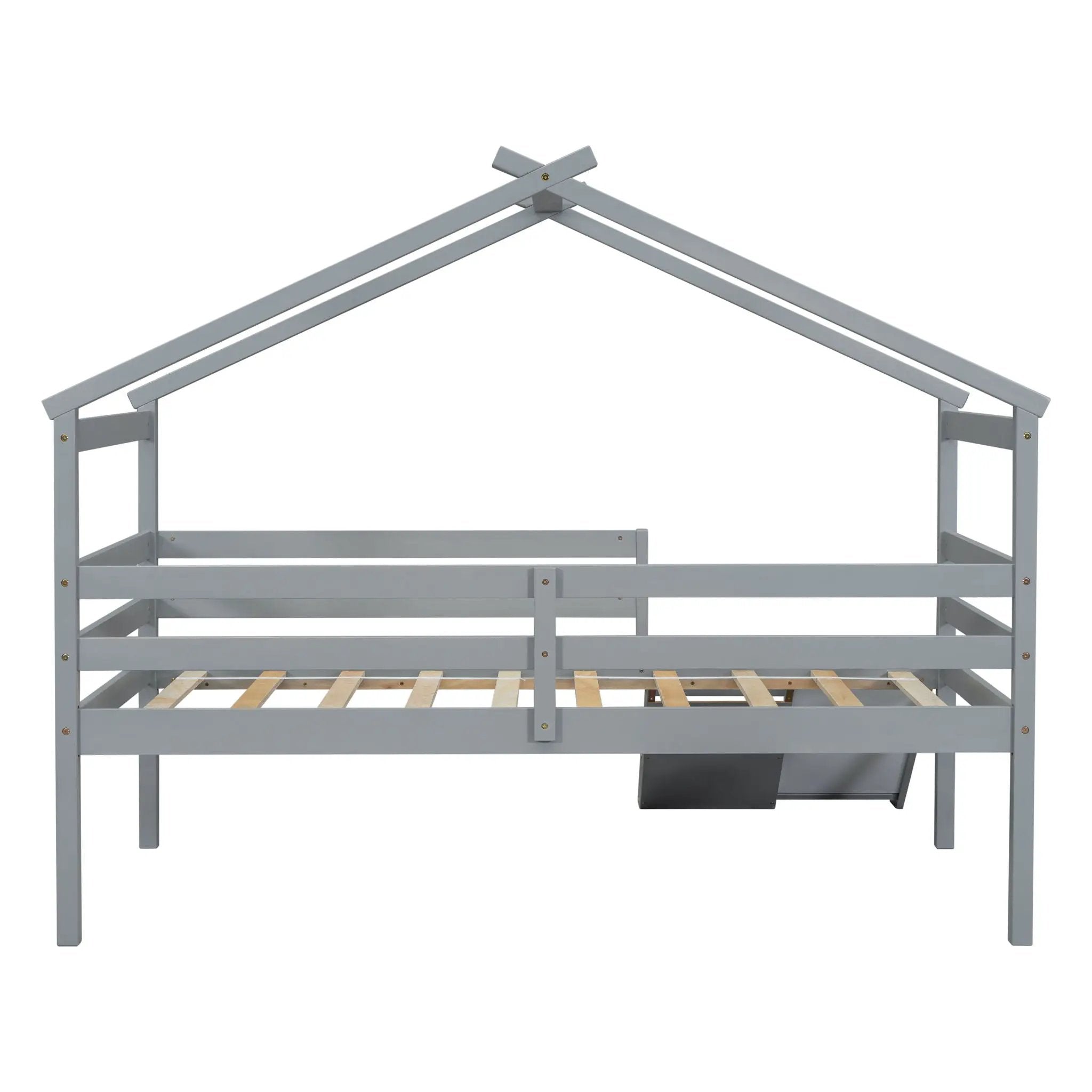 Low Loft House Bed With Slide, Ladder, Safety Guardrails, House Roof Frame by HouseOfZazla