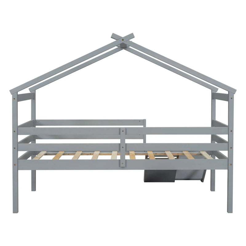 Low Loft House Bed With Slide, Ladder, Safety Guardrails, House Roof Frame by HouseOfZazla