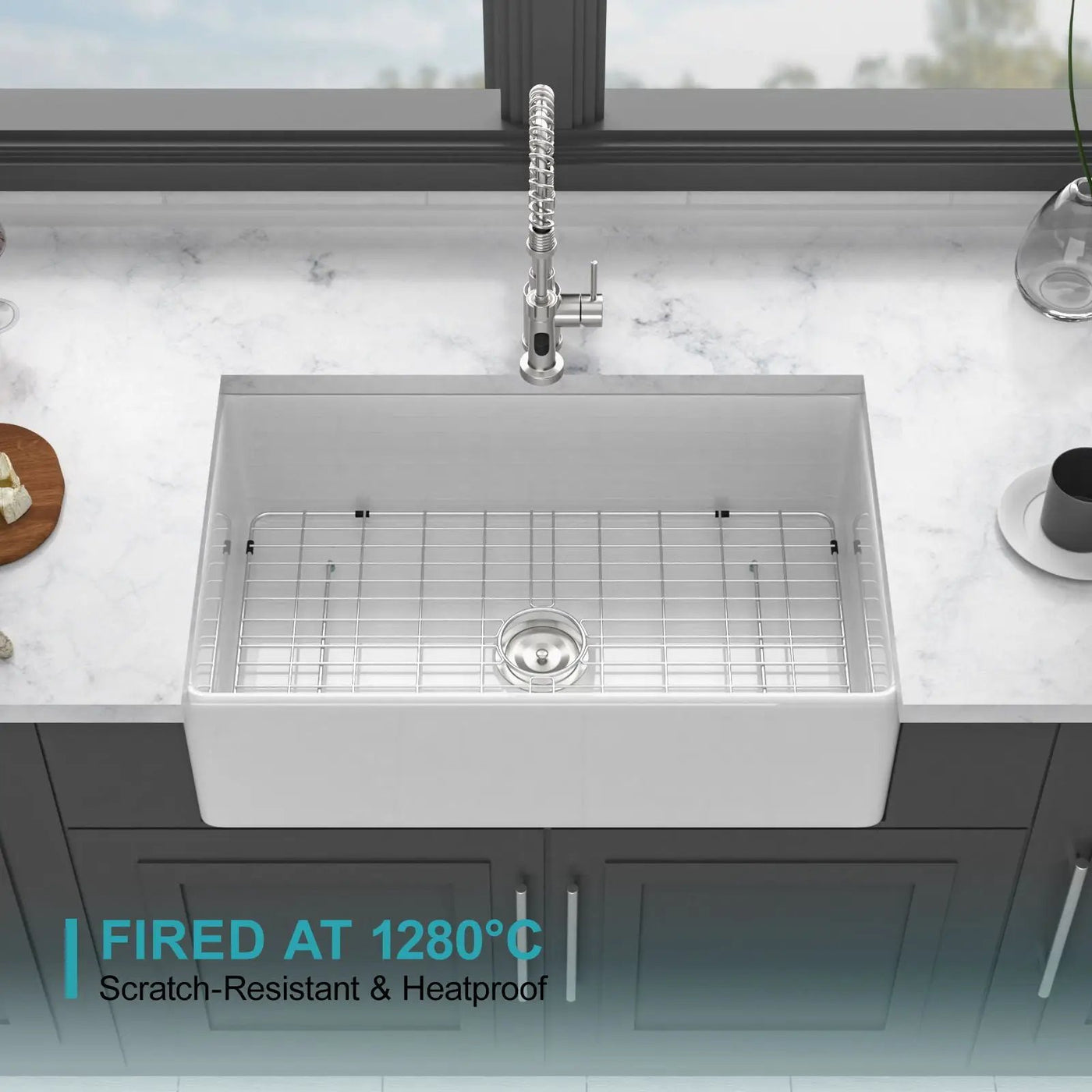Ceramic Farmhouse Sink With Deep Basin And Stainless Steel Grid by HouseOfZazla