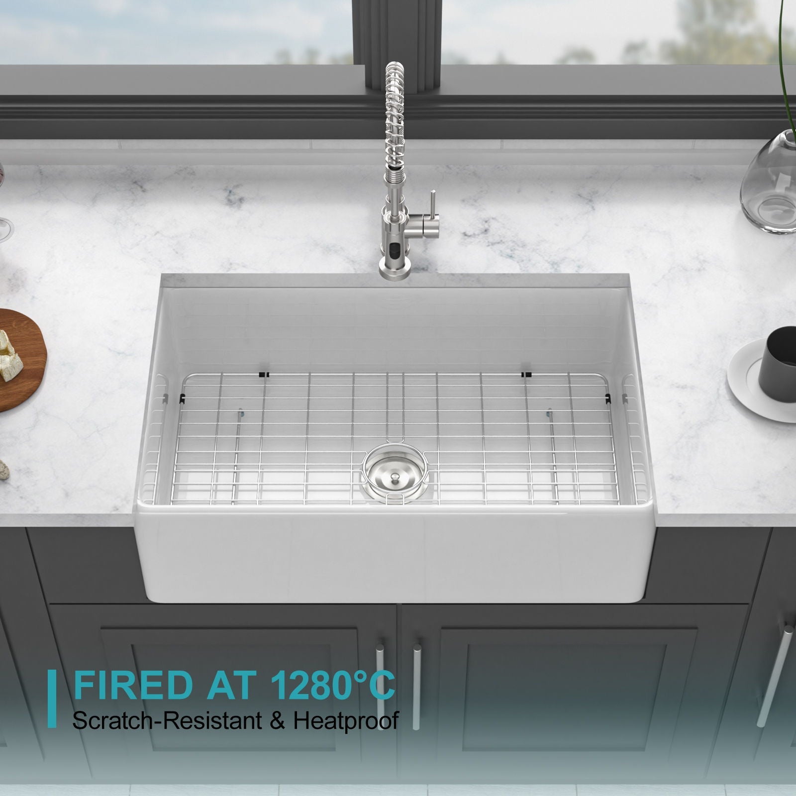 Ceramic Farmhouse Sink With Deep Basin And Stainless Steel Grid by HouseOfZazla