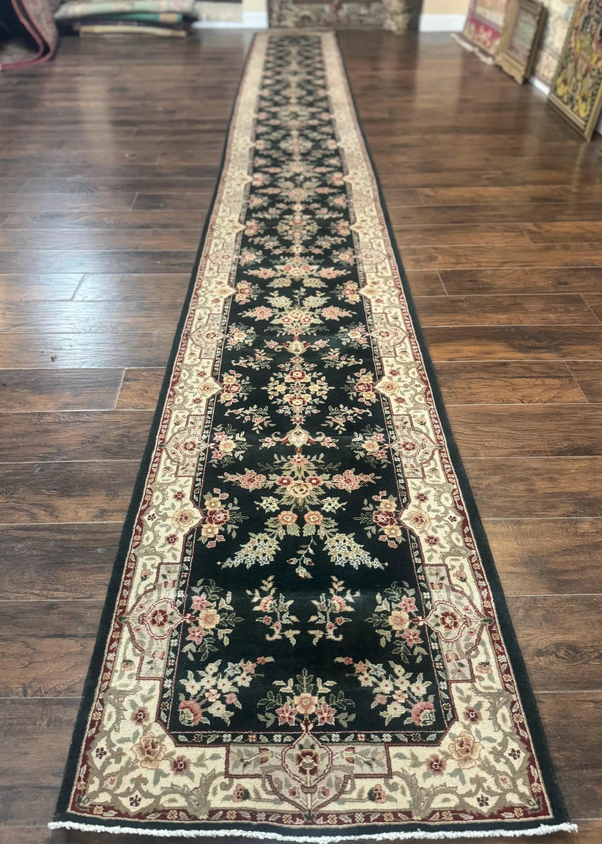 Long Pak Persian Runner Rug 2.7 x 21, Floral Allover, Dark Green and Beige, Handmade Wool Runner Rug, 21ft Runner for Hallway by Jewel Rugs