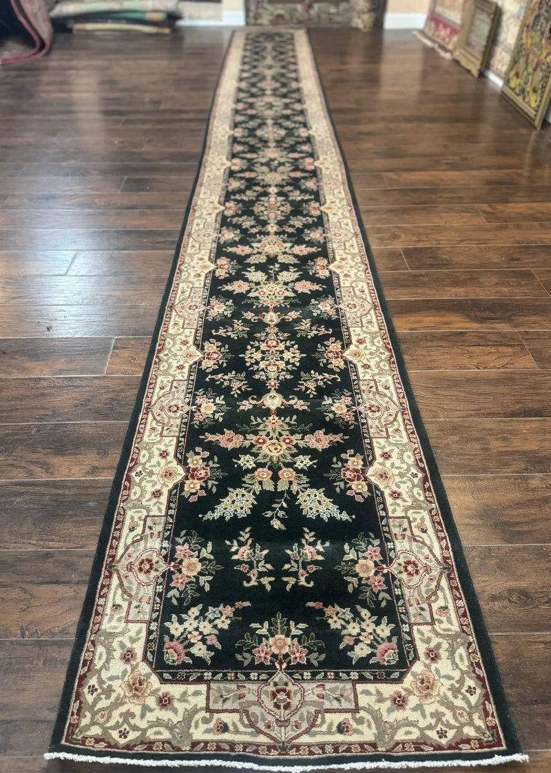 Long Pak Persian Runner Rug 2.7 x 21, Floral Allover, Dark Green and Beige, Handmade Wool Runner Rug, 21ft Runner for Hallway by Jewel Rugs