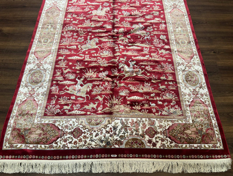 Turkish Silk Hunting Scene Rug 5 x 7.6, Red & Ivory, Bamboo Silk, New by Jewel Rugs