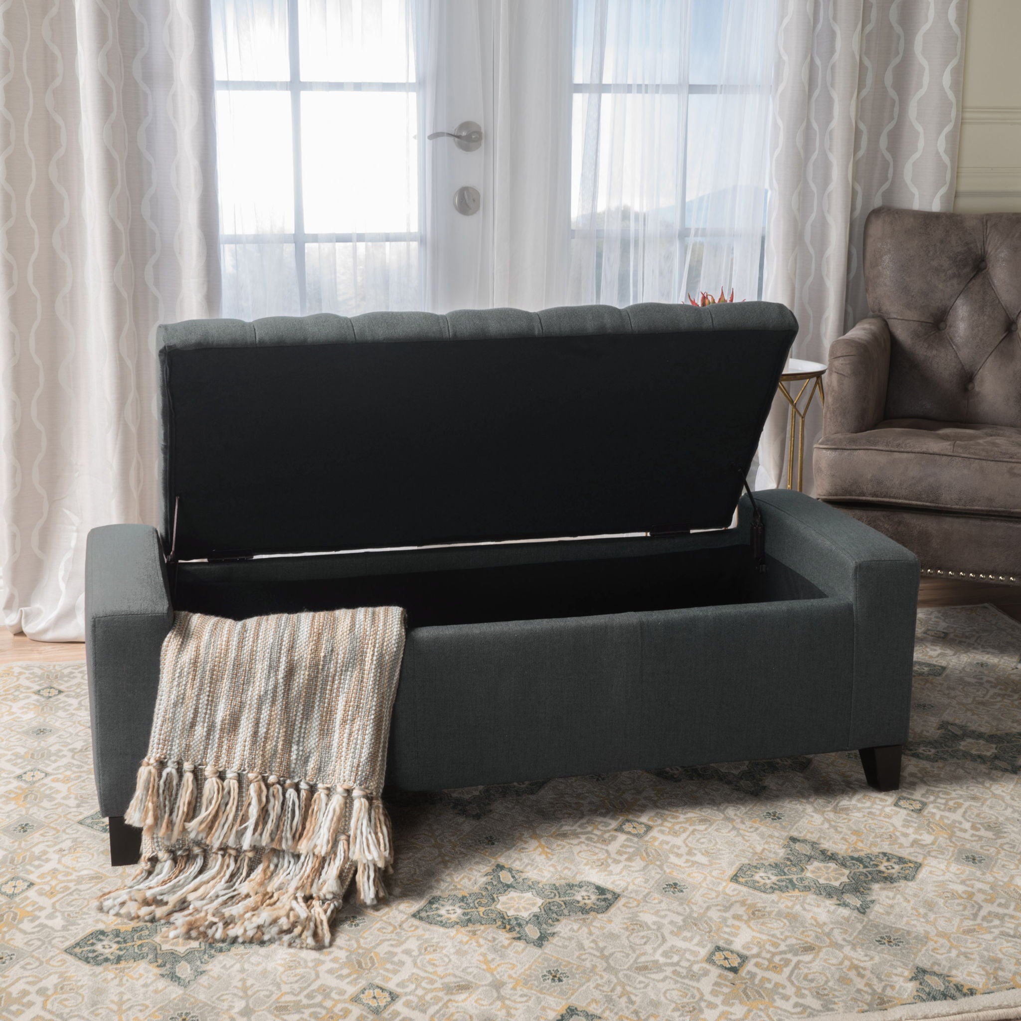 Contemporary Storage Ottoman With Tufted Top - Dark Gray by HouseOfZazla