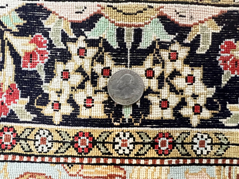 Silk Tree of Life Persian Qum Rug 3x4, Hand Knotted Vintage Carpet, Cream & Black, Very Fine Oriental Rug, Animal Pictorials, Birds by Jewel Rugs