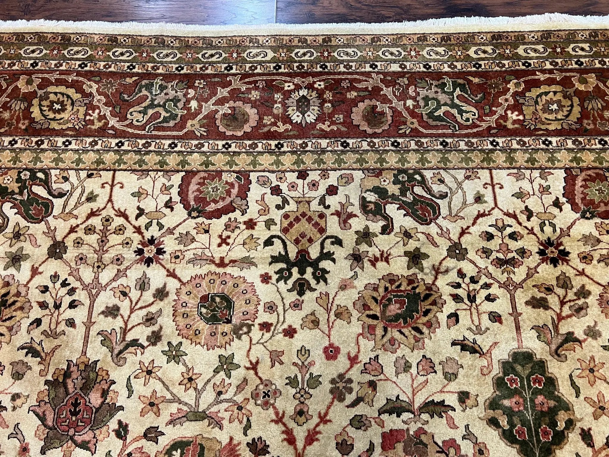Large Indian Rug 10x14, Hand Knotted Indo Persian Gandehar Oriental Carpet, Vintage Wool Rug 10 x 14 ft Cream Red Floral Allover Traditional by Jewel Rugs
