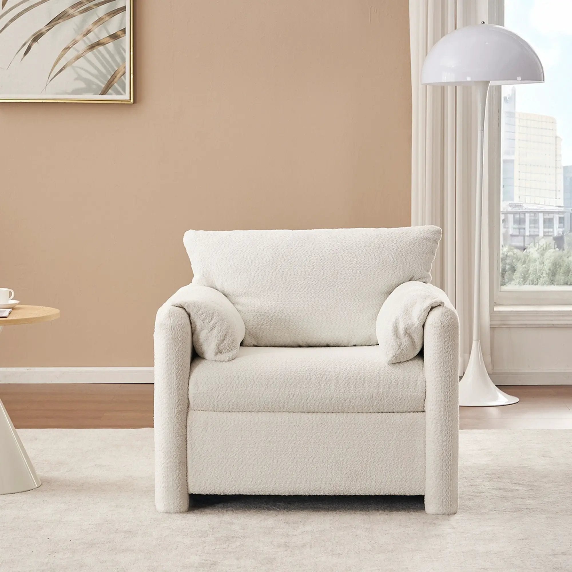 Fixed Modern Accent Chair Single Seater Plush Chenille Lounge Chair With High Resilience Cushion - Ivory White by HouseOfZazla