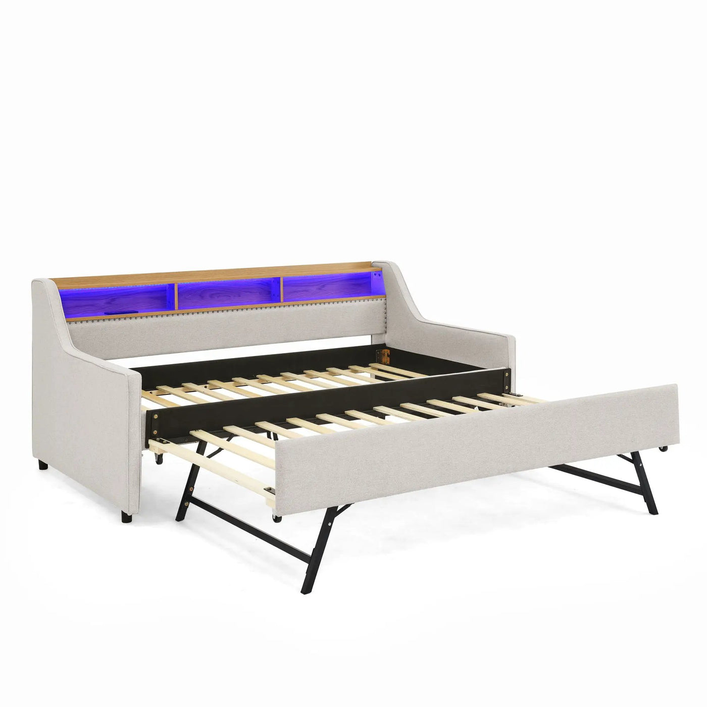 Upholstered Sofa Bed With LED Lights, Storage Headboard, Foldable Trundle & Wireless Charging by HouseOfZazla