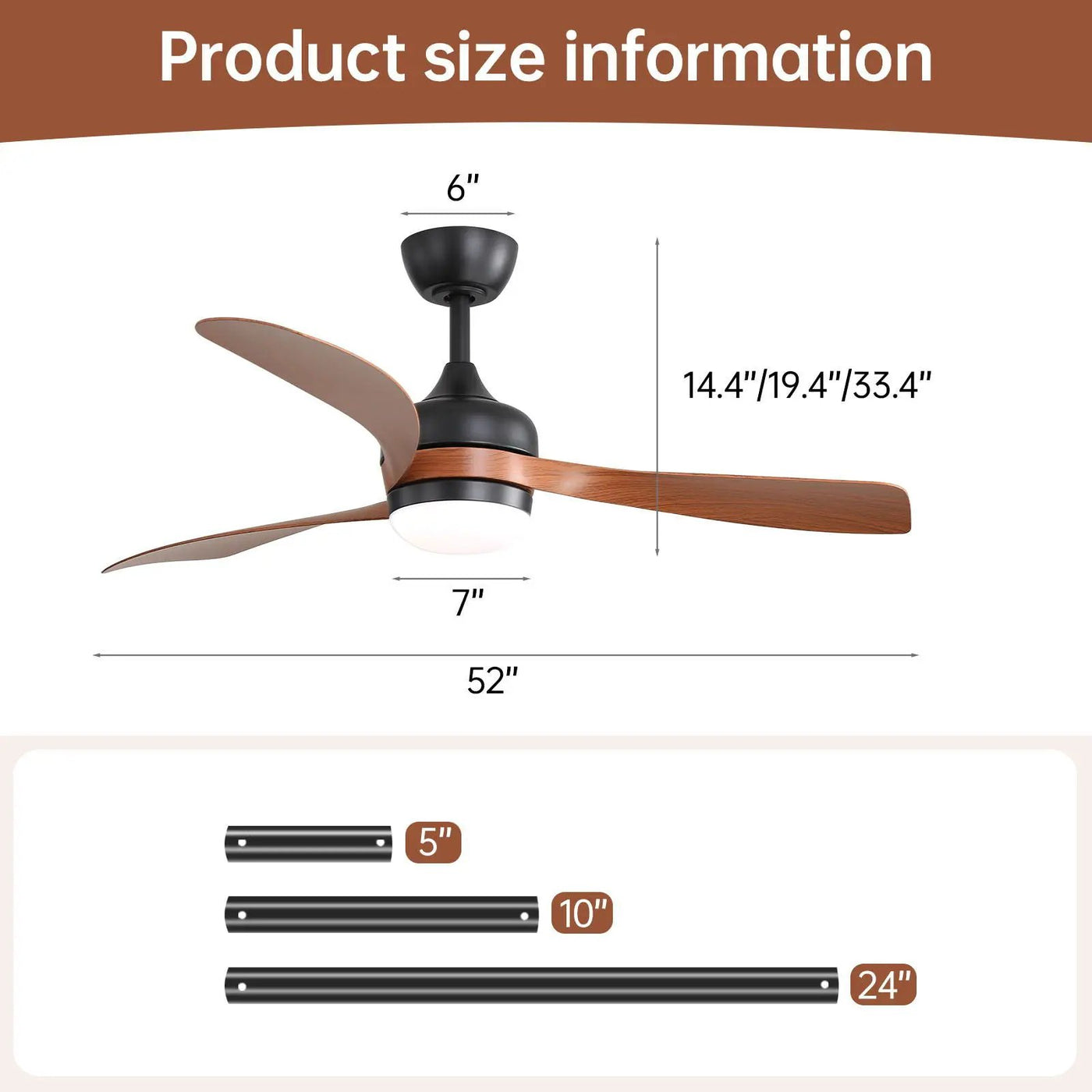 Ceiling Fan With 3 Blades, Remote Control, Reversible DC Motor, Noiseless Operation, 3 Downrods by HouseOfZazla