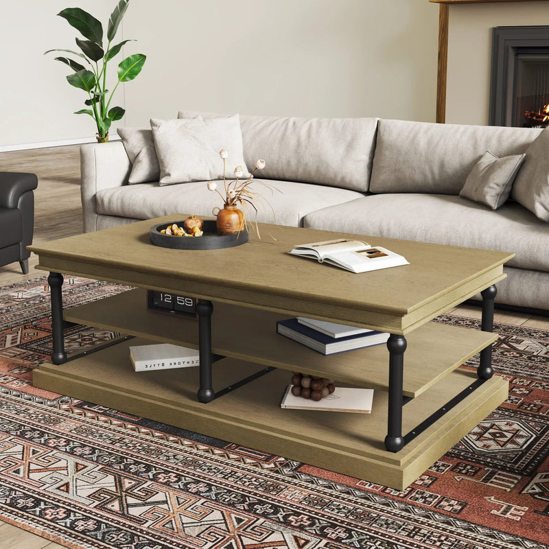 55.1' Wood Coffee Table with Black Legs and Open Storage Shelves by HouseOfZazla