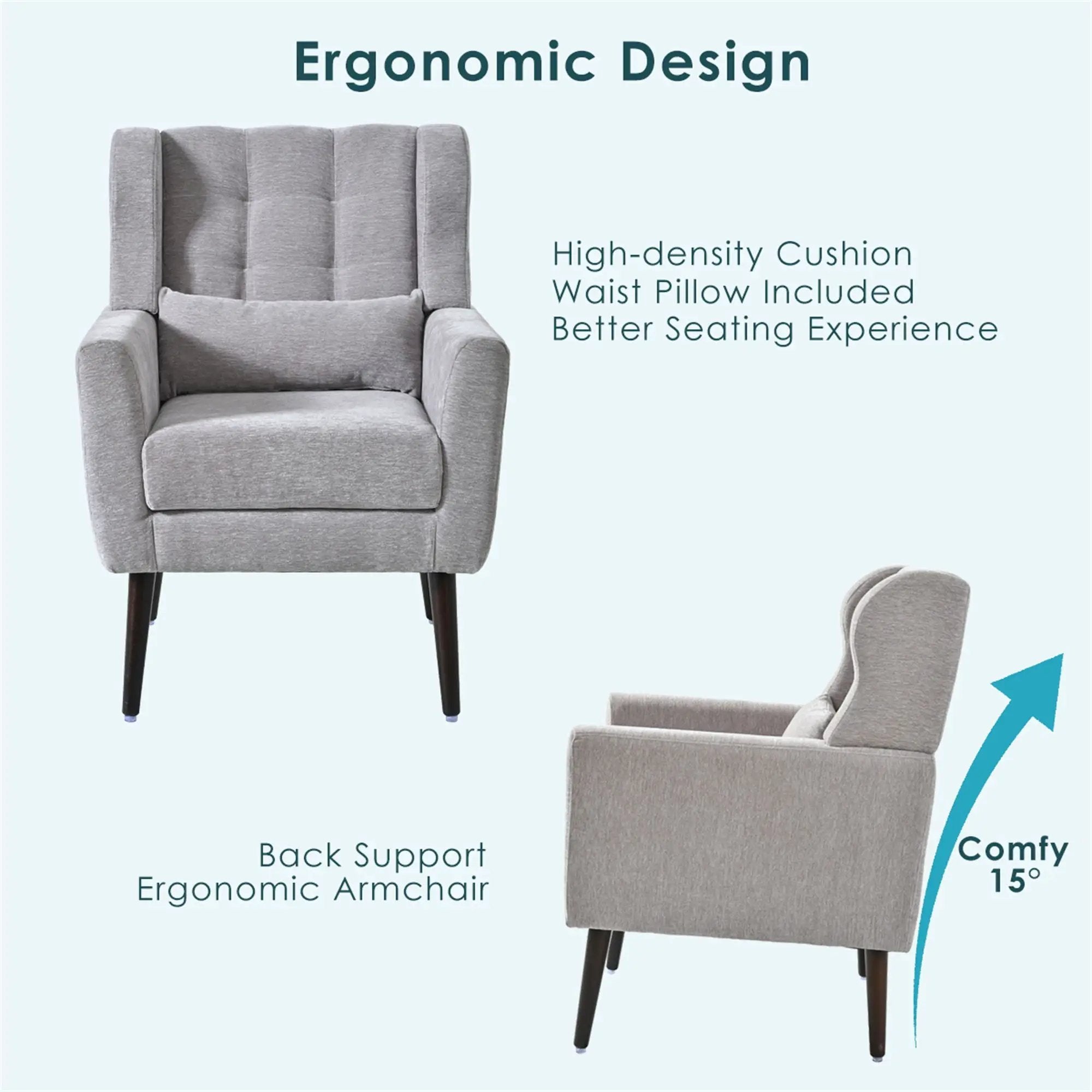 Modern Accent Chair, Arm Chairs For Living Room, Upholstered Mordern Armchair, Comfy Soft Padded Lounge Chair In Small Space, Bedroom, With Pillow, Solid Wood Leg by Unique Piece Furniture