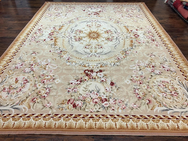 Aubusson Rug 9x12, Elegant Savonnerie Carpet 9 x 12 ft, Beige Ivory Tan, Floral, Flatweave Wool Handmade Area Rug 9 x 12 ft, European French by Jewel Rugs