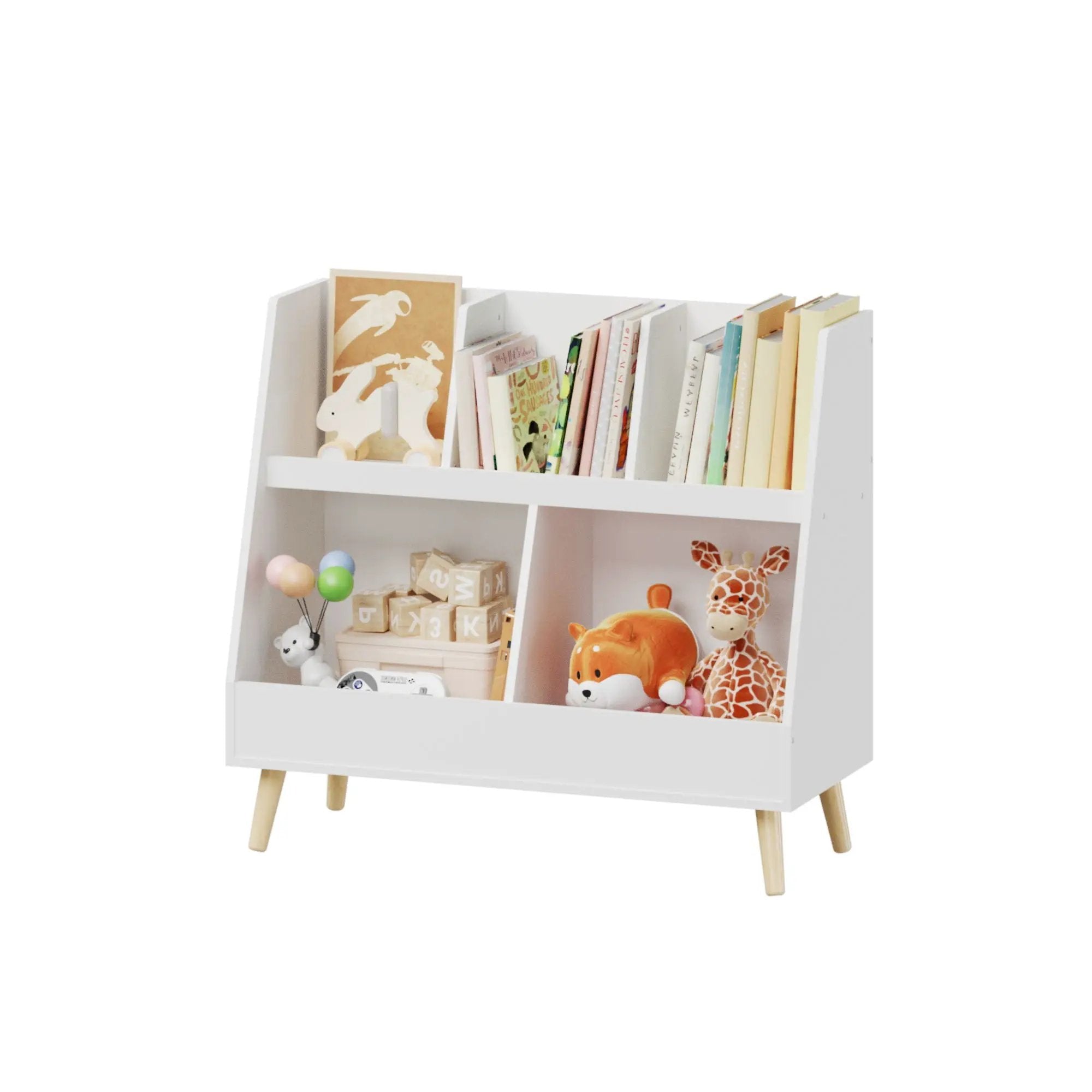 Kids Bookshelf And Toy Organizer, 5 Cubbies Wooden Open Bookcase, 2-Tier Baby Storage Display Organizer With Legs, Free Standing For Playing Room, Bedroom, Nursery, Classroom - White by HouseOfZazla