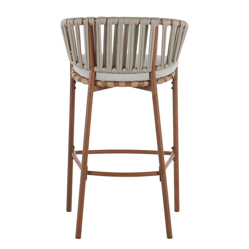 Lodi Outdoor Metal Rope Barstool, Teak Finished Frame and Beige Cushion, Set of 4 by HouseOfZazla