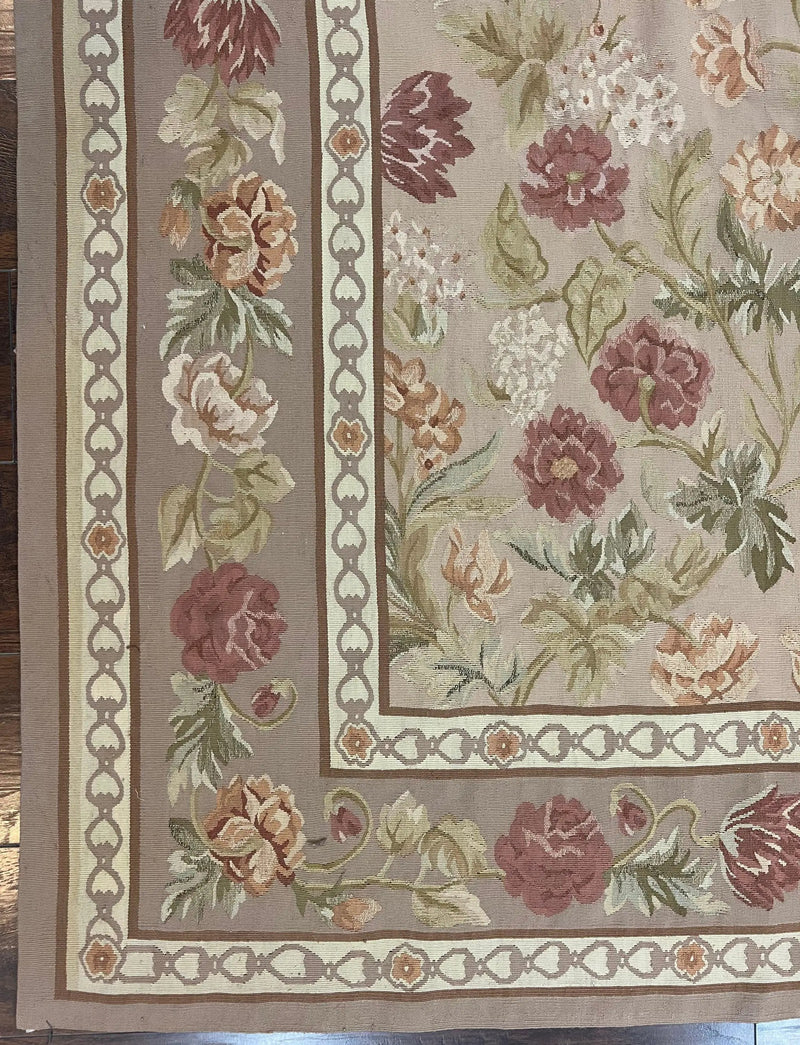 Aubusson Rug 9x12, Pink Beige Light Mauve, Handmade Allover Floral Roses, Wool Flatweave Carpet 9 x 12 ft, European French Design, Elegant by Jewel Rugs