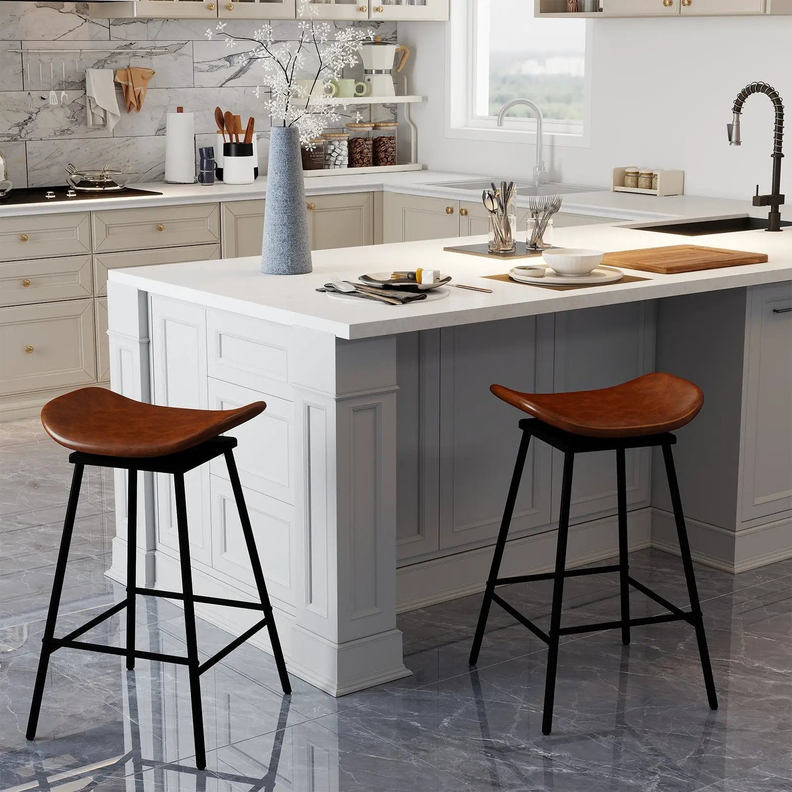 Set of 2 Swivel Barstools Faux Leather Upholstered Backless with Footrest by DirectDeals