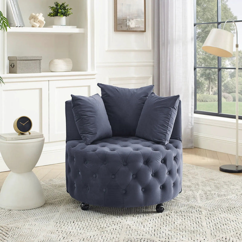 Modern Upholstered Swivel Chair With Button Tufted Design And Movable Wheels by HouseOfZazla