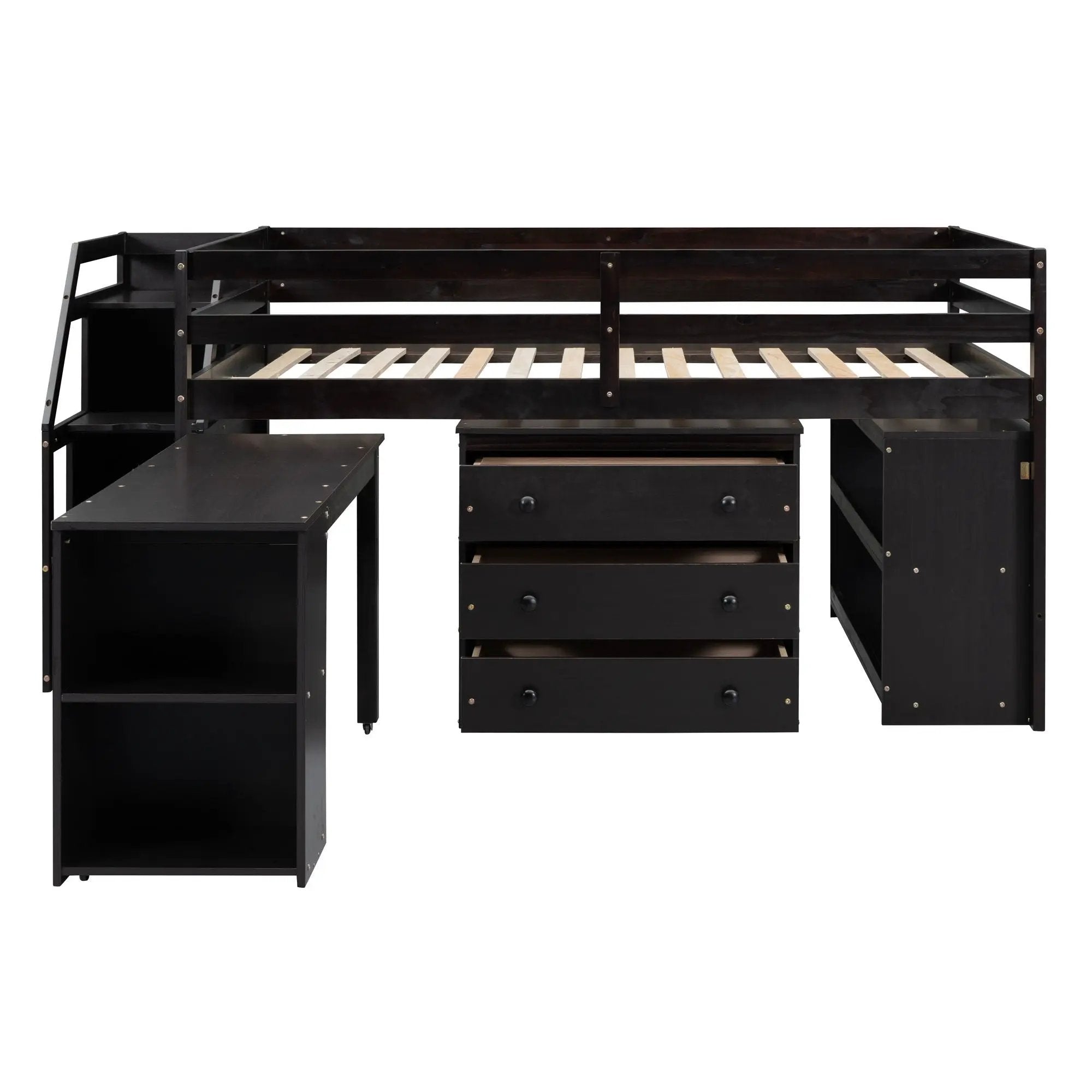 Loft Bed With Retractable Writing Desk And 3 Drawers With Storage Stairs And Shelves by Unique Piece Furniture