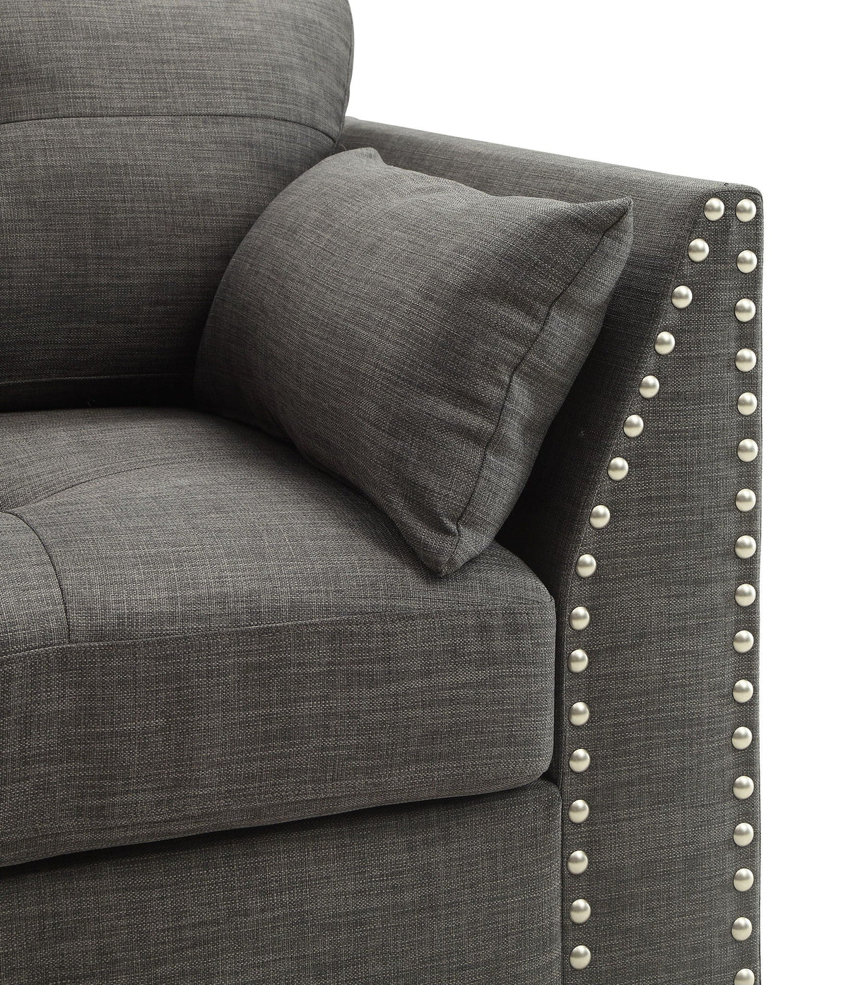 Light Charcoal Arm Chair with 3 Pillows and Nailhead Trim, photo 2 of 7
