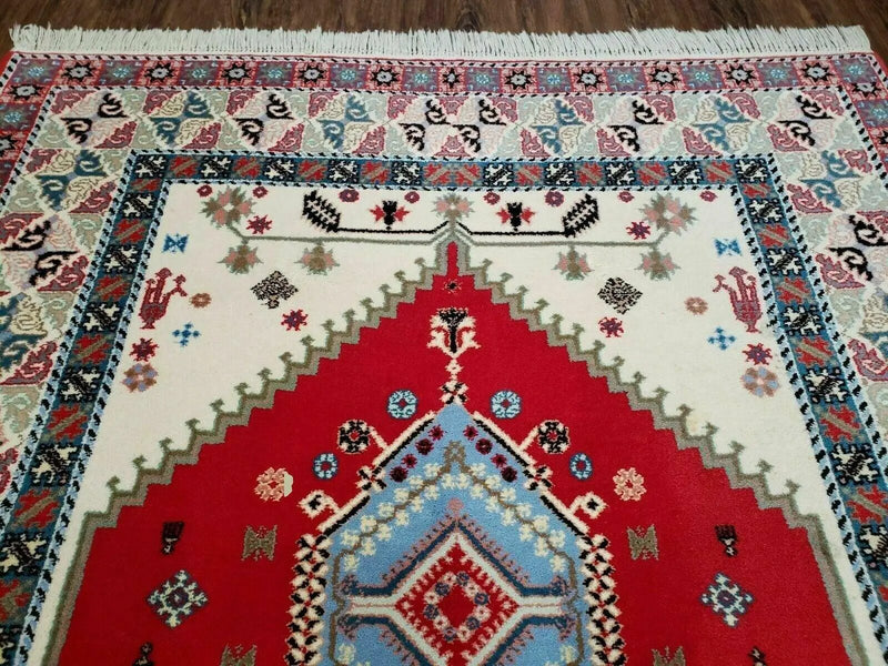 Vintage Moroccan Carpet 5x7 Area Rug, Berber Rug, Handmade Soft Wool Rug, Red Ivory and Blue, Geometric Medallion Rug, Bohemian Rug, Nice by Jewel Rugs