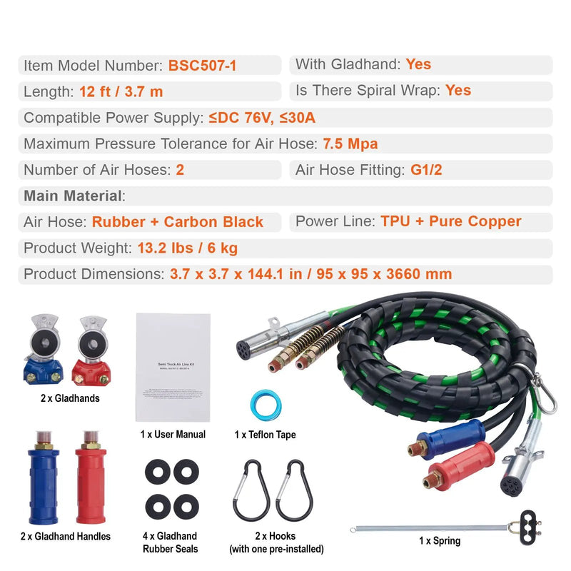 12FT Semi Truck Air Lines Kit with Glad Hands and 7-Way ABS Power Line by HouseOfZazla