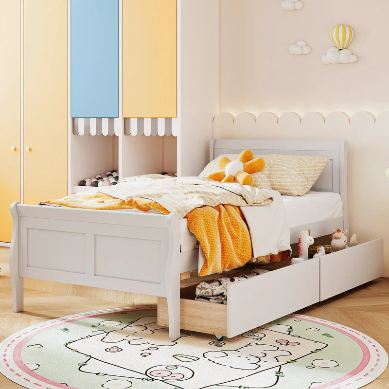 Twin Size Sleigh Bed with 2 Storage Drawers Wood Platform Bed Frame by DirectDeals