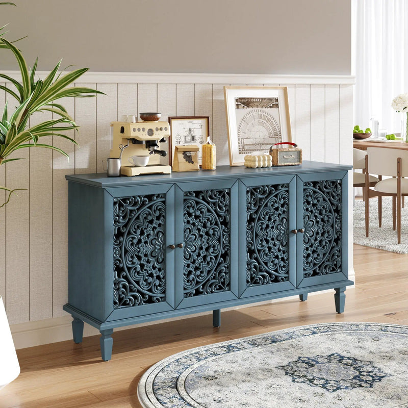 60" Antique Buffet Cabinet with Floral Carvings and Adjustable Shelves by HouseOfZazla