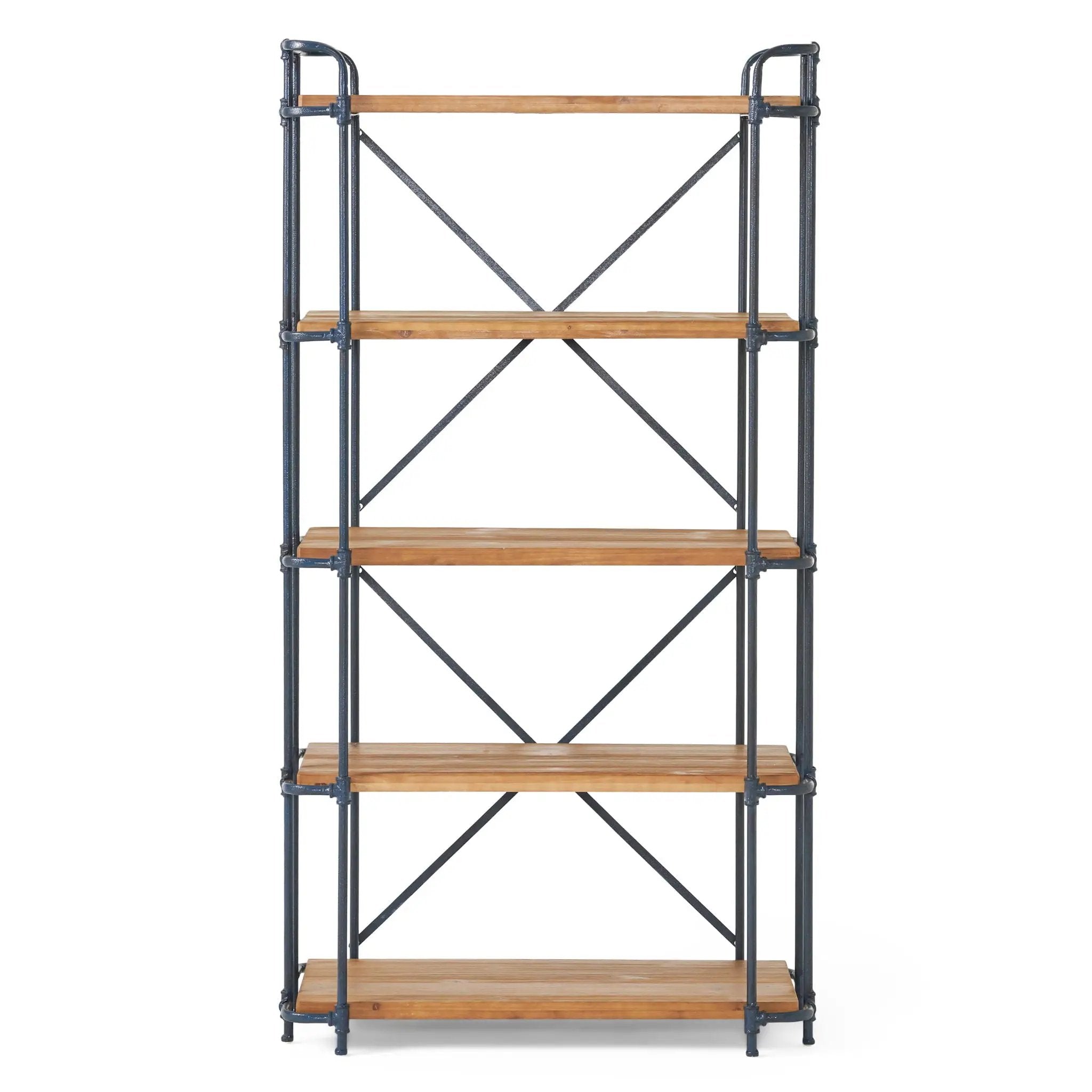Yorktown Industrial 5 Shelf Bookcase with Metal Pipework and Solid Fir - Natural by HouseOfZazla