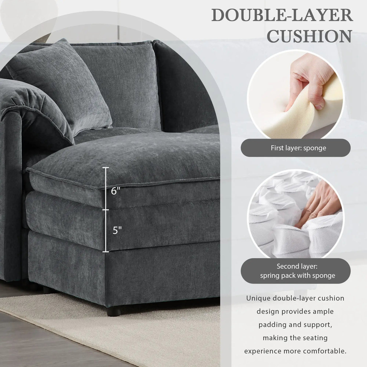 Modular Sectional With Deep And Wide Seat, Cloud Couch Set With Double Cushions Sofa With Movable Ottoman by Unique Piece Furniture