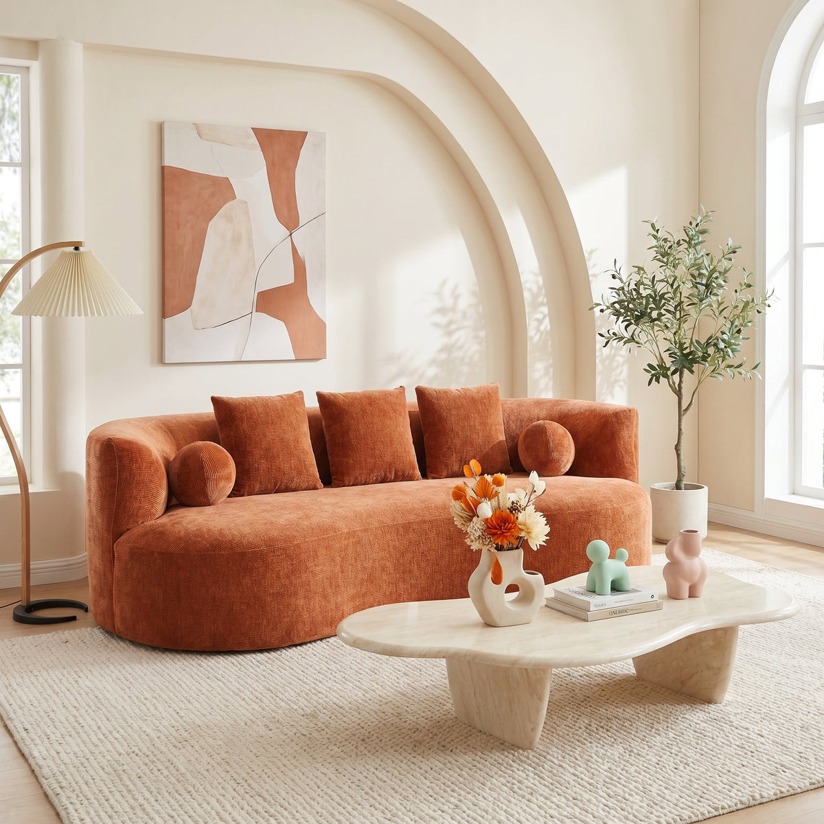 90-Inch Curved Modern Chenille Sofa with Artistic Curved Design - Orange or White