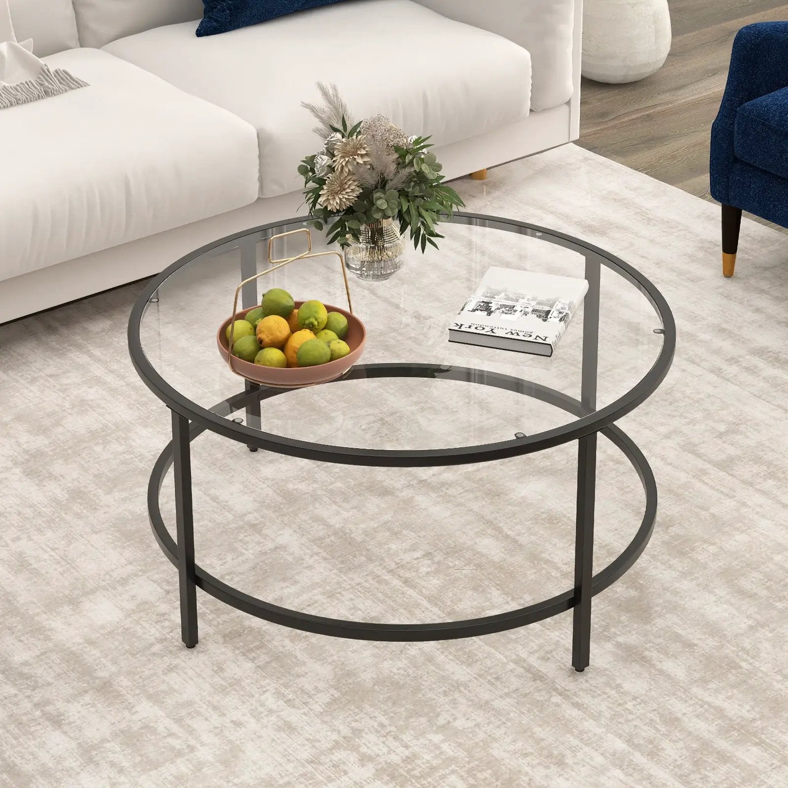36 Inch Round Coffee Table with Tempered Glass Tabletop by DirectDeals