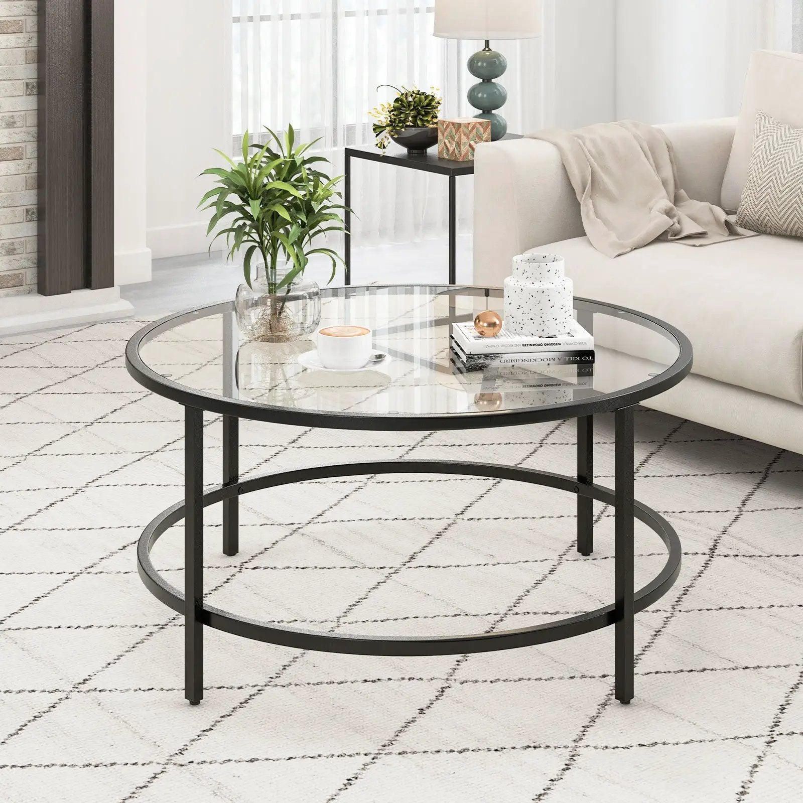 36 Inch Round Coffee Table with Tempered Glass Tabletop by DirectDeals