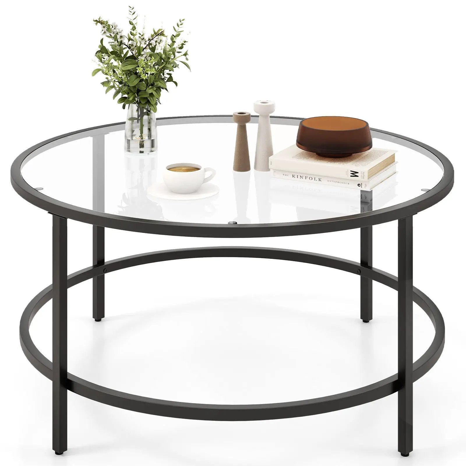 36 Inch Round Coffee Table with Tempered Glass Tabletop by DirectDeals
