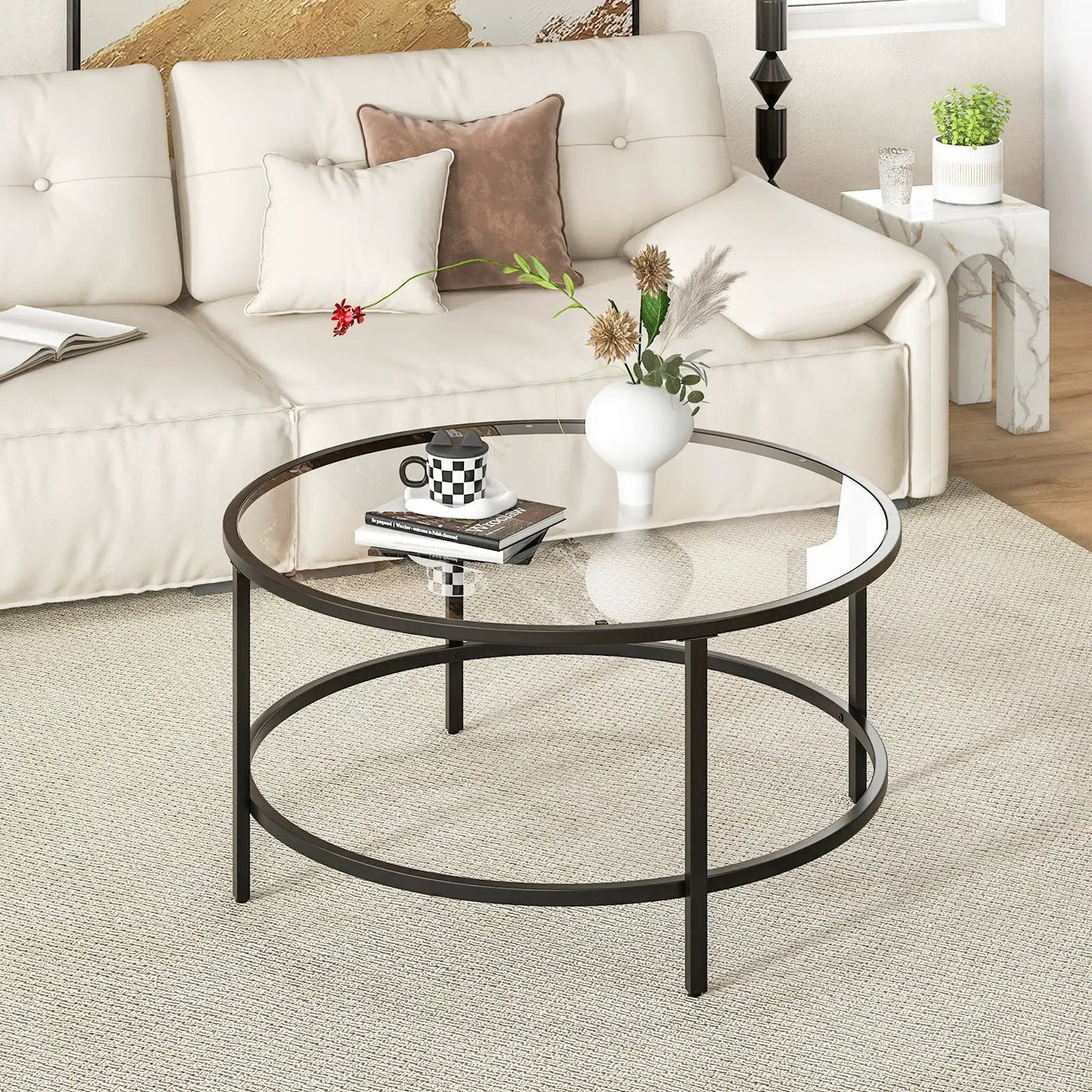 36 Inch Round Coffee Table with Tempered Glass Tabletop by DirectDeals