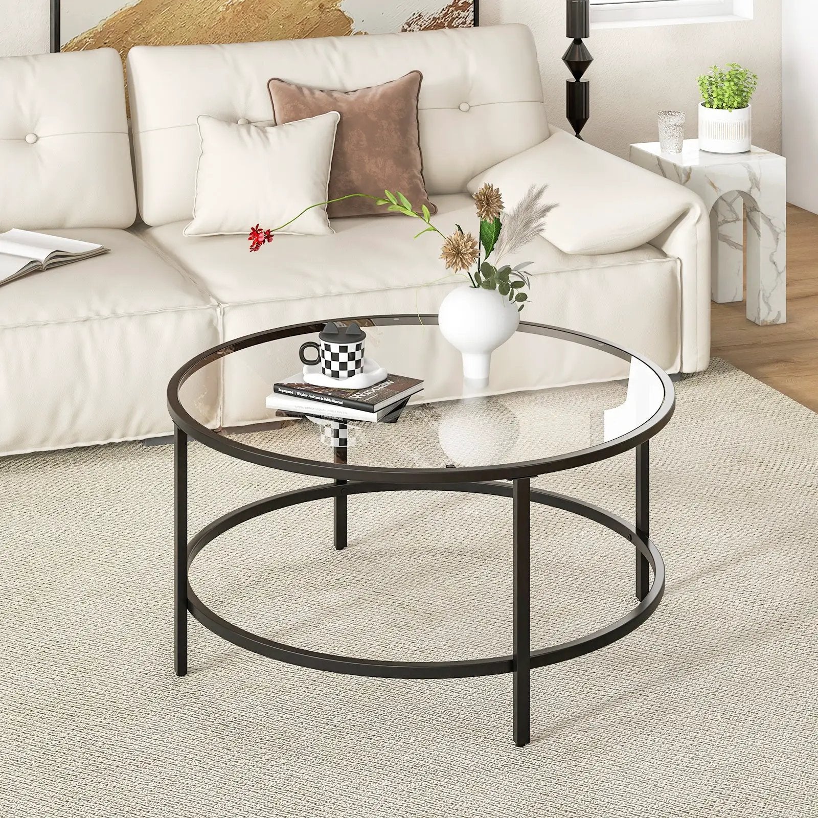36 Inch Round Coffee Table with Tempered Glass Tabletop by DirectDeals