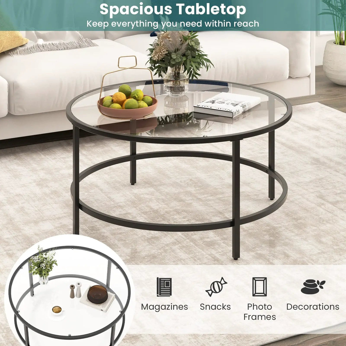 36 Inch Round Coffee Table with Tempered Glass Tabletop by DirectDeals