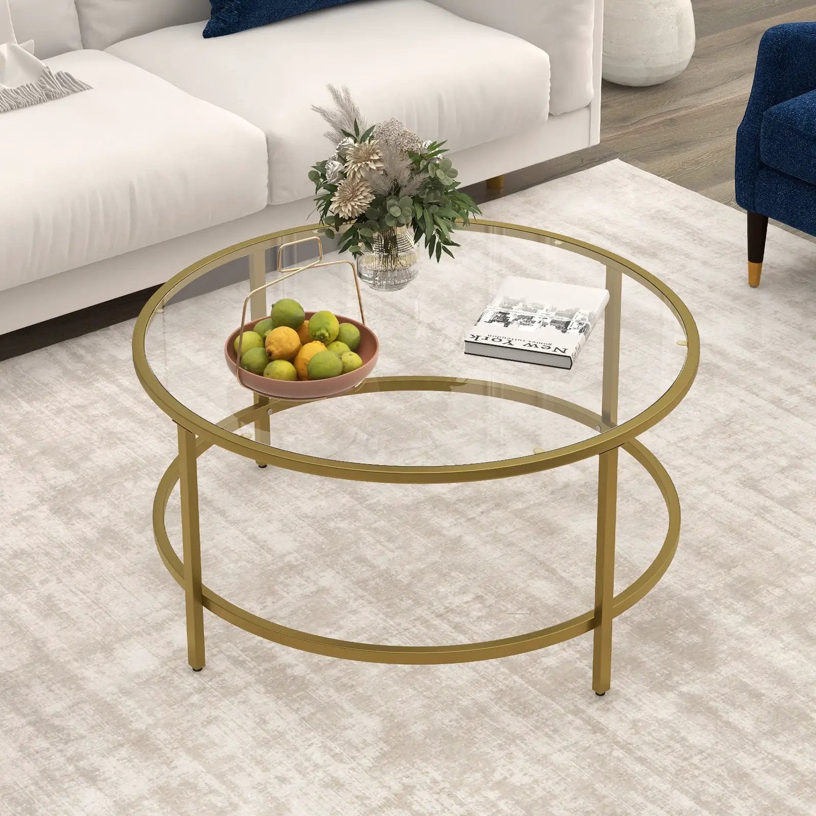 36 Inch Round Coffee Table with Tempered Glass Tabletop by DirectDeals