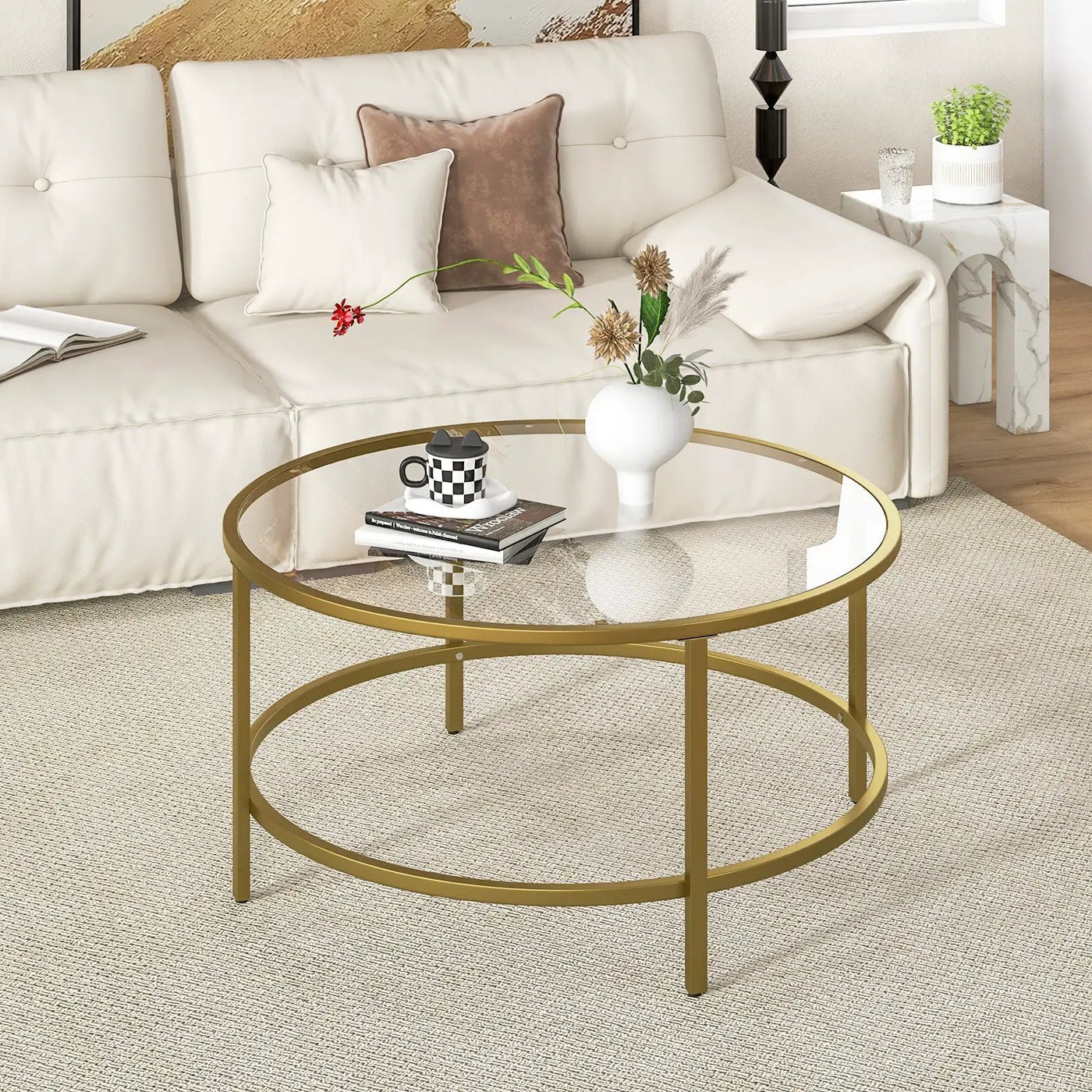 36 Inch Round Coffee Table with Tempered Glass Tabletop by DirectDeals