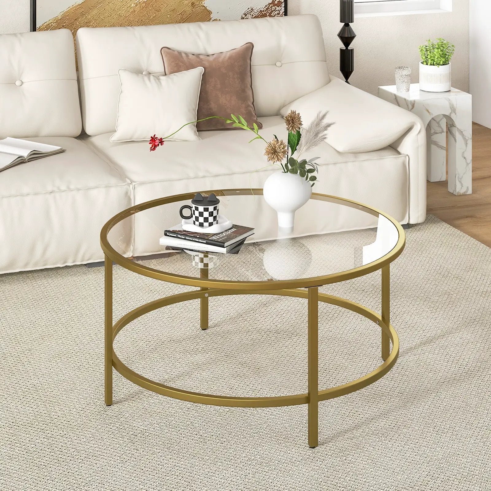 36 Inch Round Coffee Table with Tempered Glass Tabletop by DirectDeals
