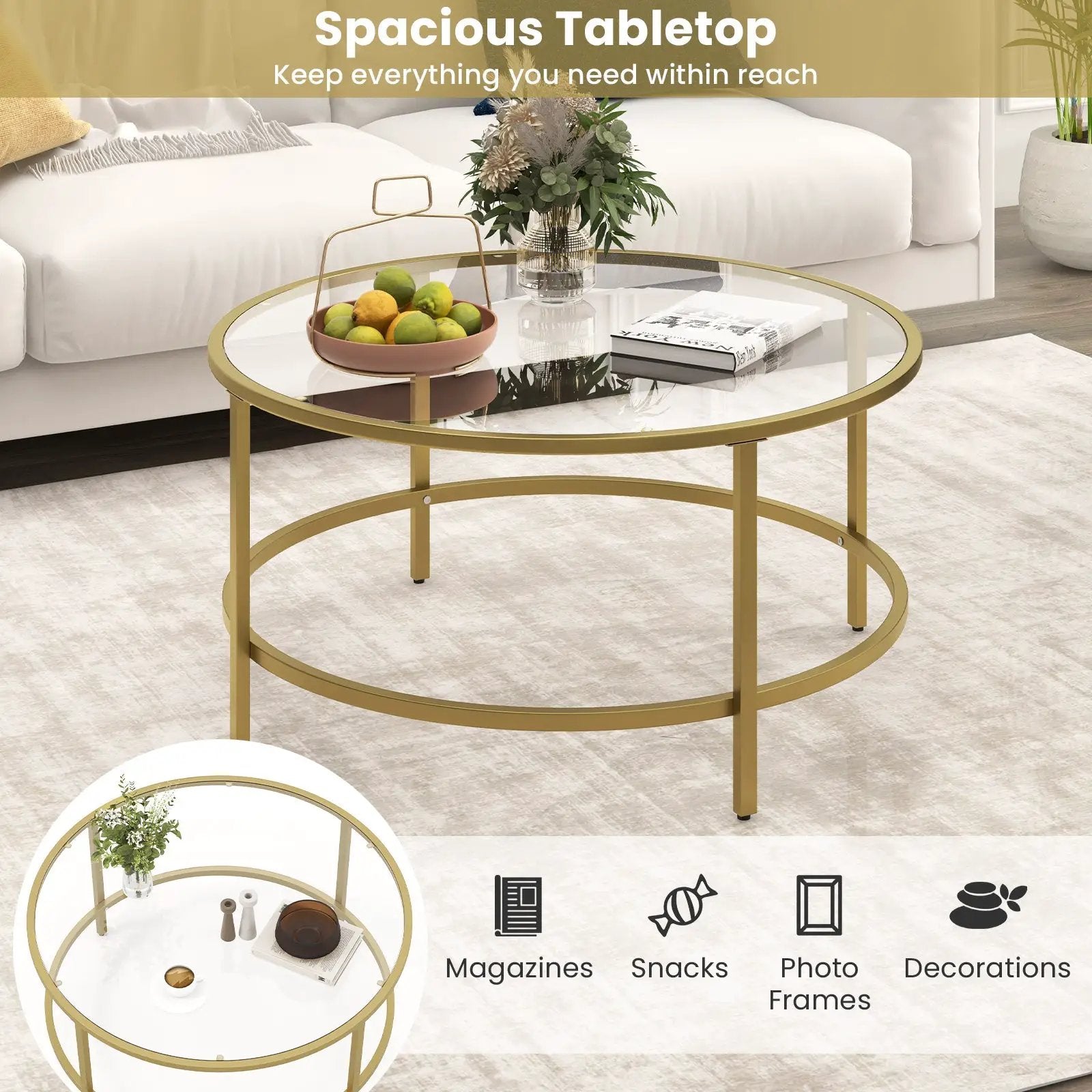 36 Inch Round Coffee Table with Tempered Glass Tabletop by DirectDeals