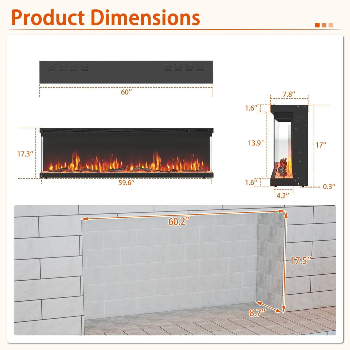 36/40/50/60 Inch Wide 3-Sided Electric Fireplace Insert with Remote Control and 12 Flame Colors by DirectDeals