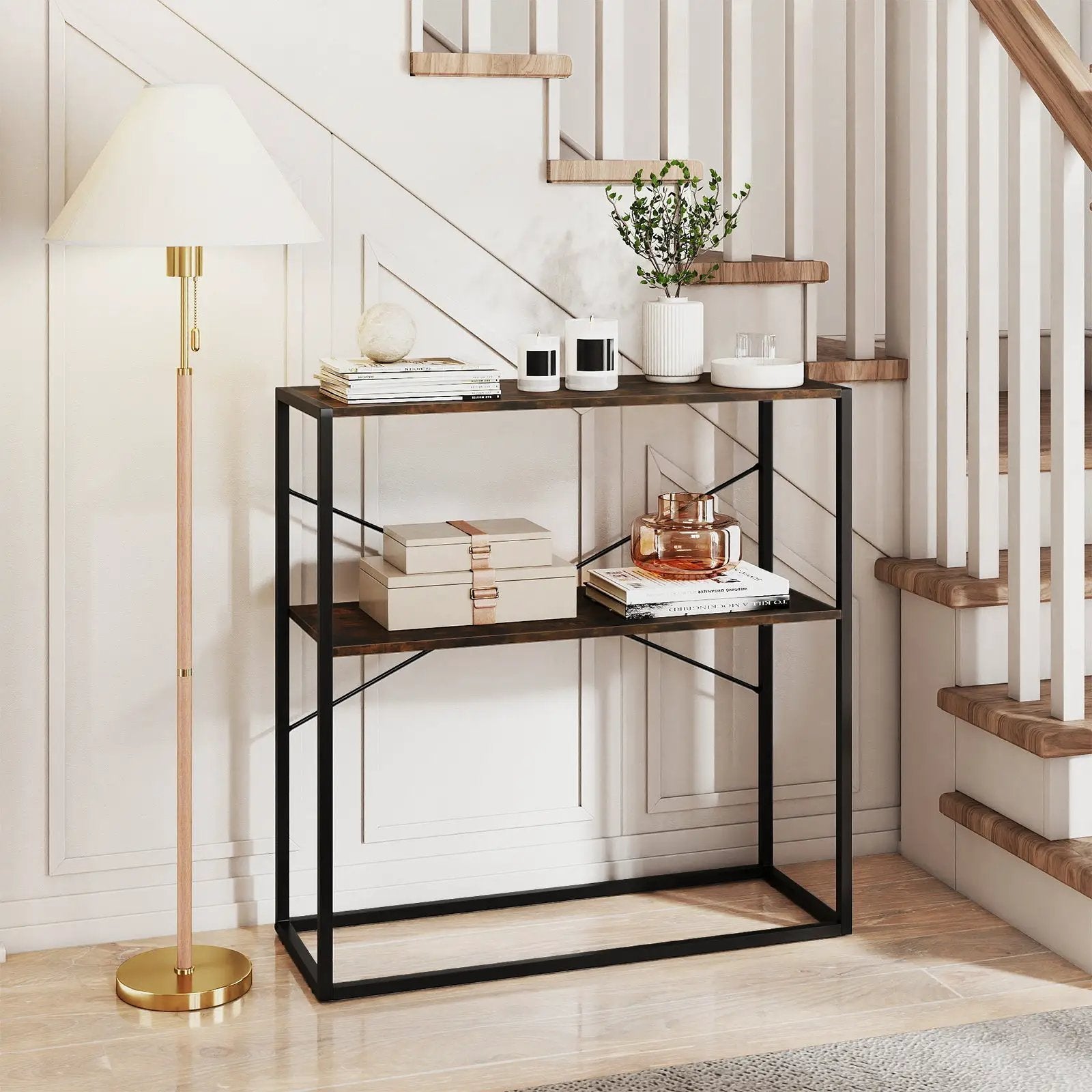 36" Console Table 2-Tier Entryway Table with Wooden Open Shelves and Metal Frame by DirectDeals