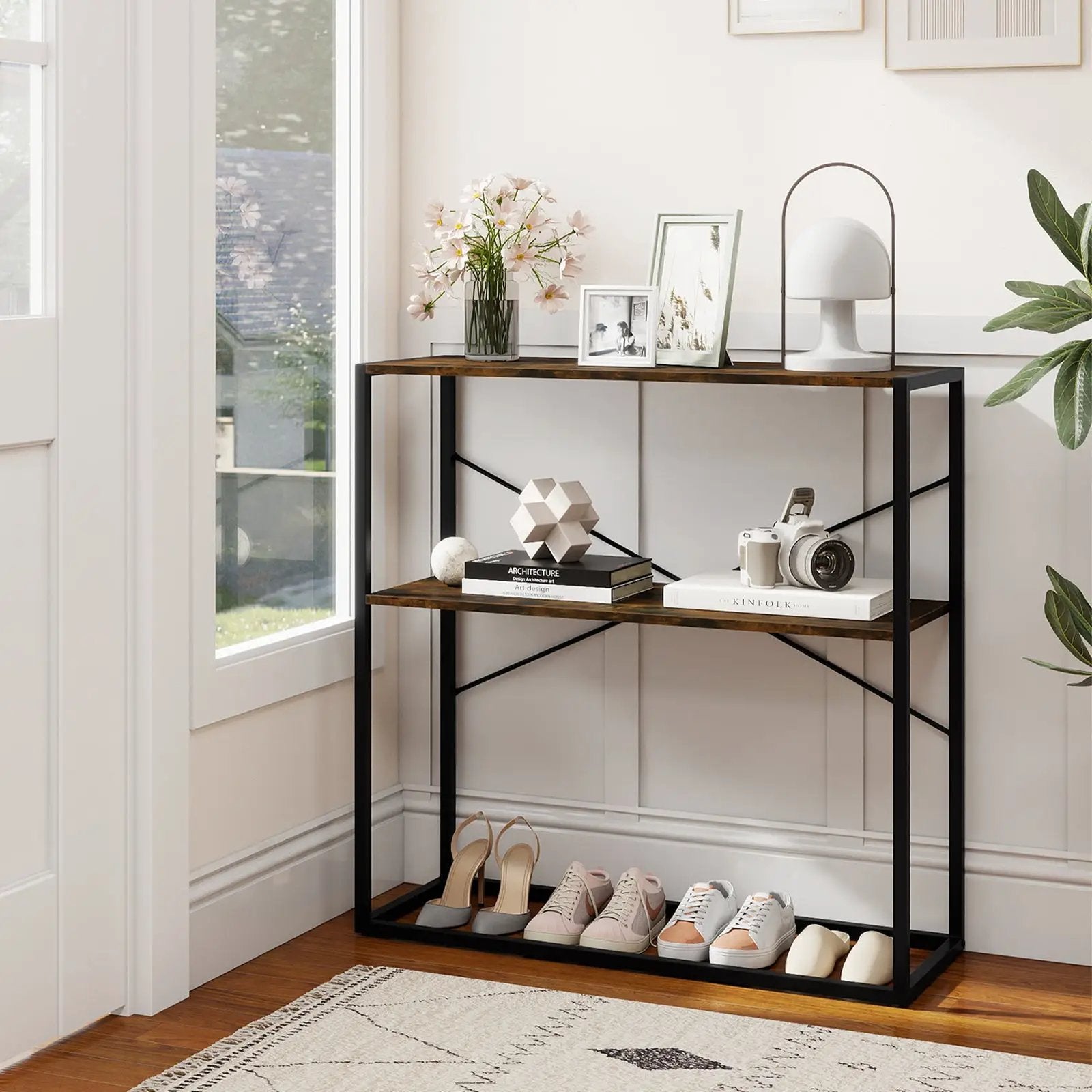 36" Console Table 2-Tier Entryway Table with Wooden Open Shelves and Metal Frame by DirectDeals