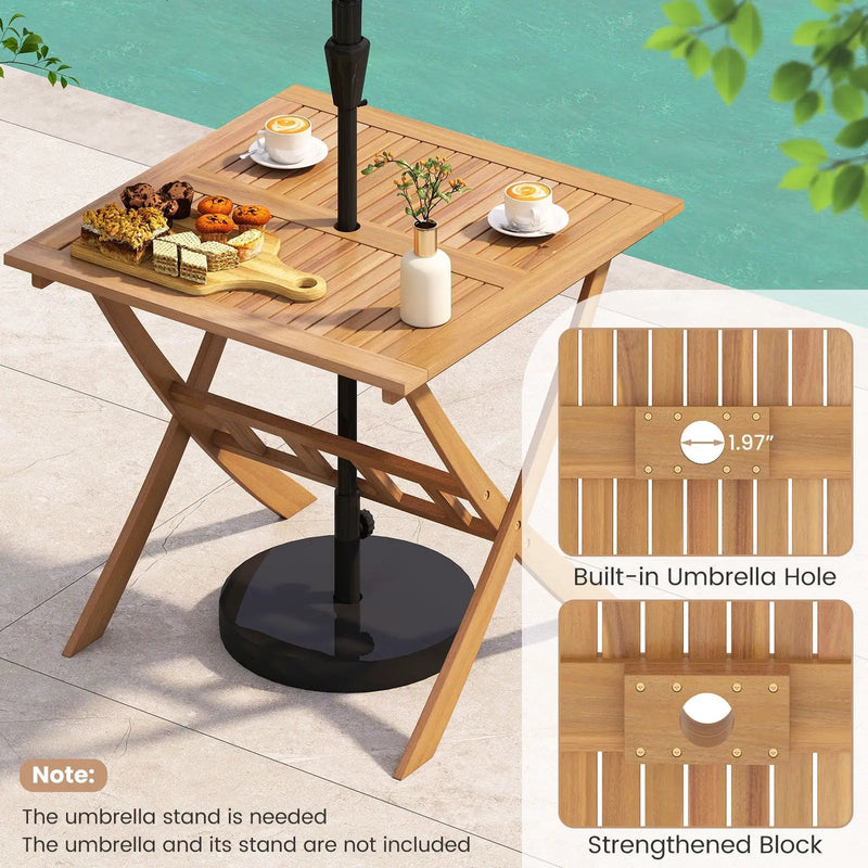 36-Inch Acacia Wood Folding Patio Dining Table with Umbrella Hole for 4 People by DirectDeals