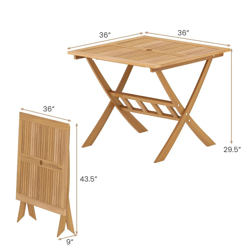36-Inch Acacia Wood Folding Patio Dining Table with Umbrella Hole for 4 People by DirectDeals