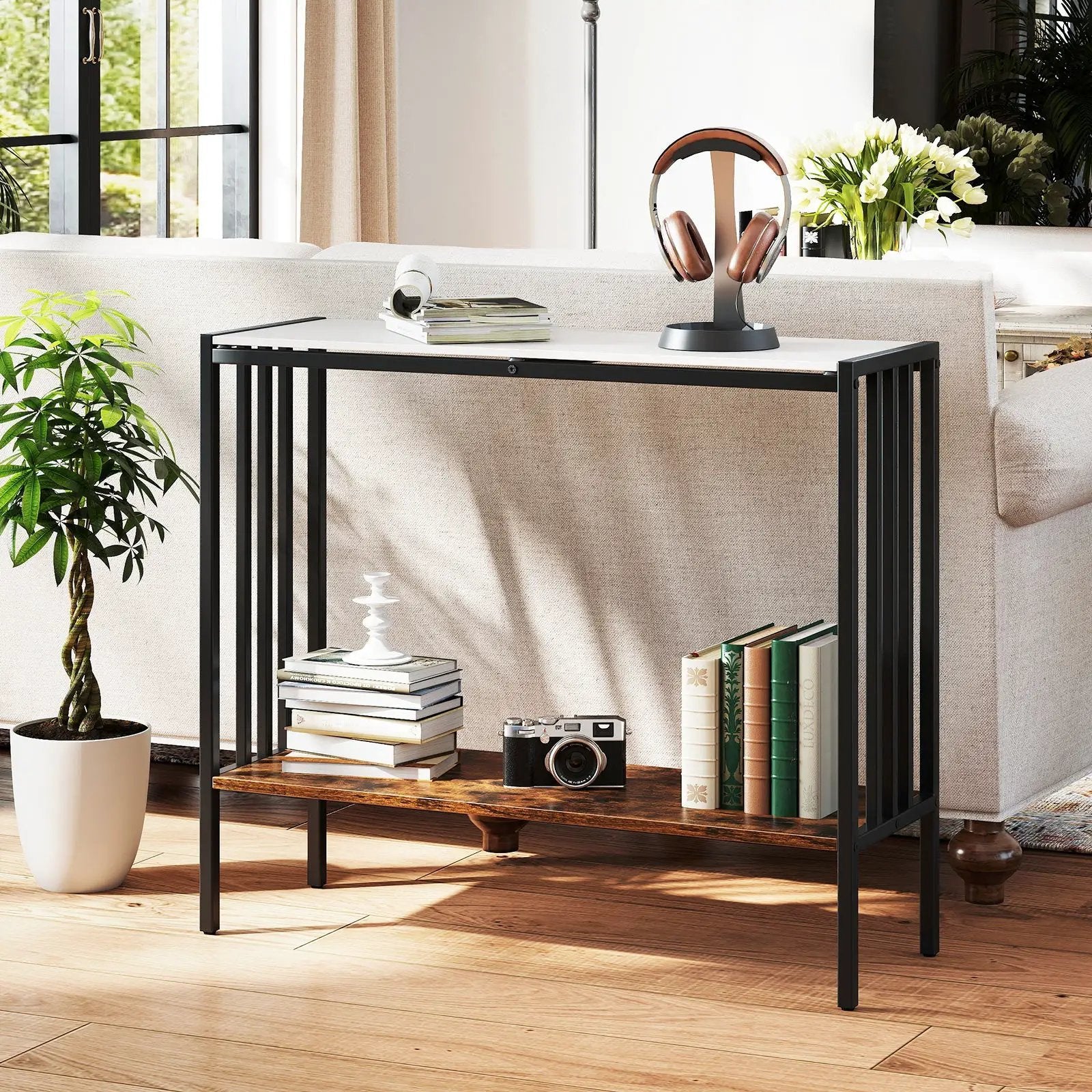 36 Inch Console Table 2-Tier Industrial Foyer Table with Sintered Stone Tabletop by DirectDeals