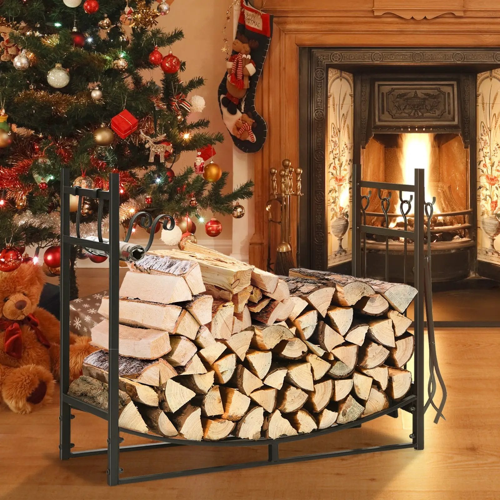 36 Inch Fireplace Log Holder with Tools and Kindling Holders by DirectDeals
