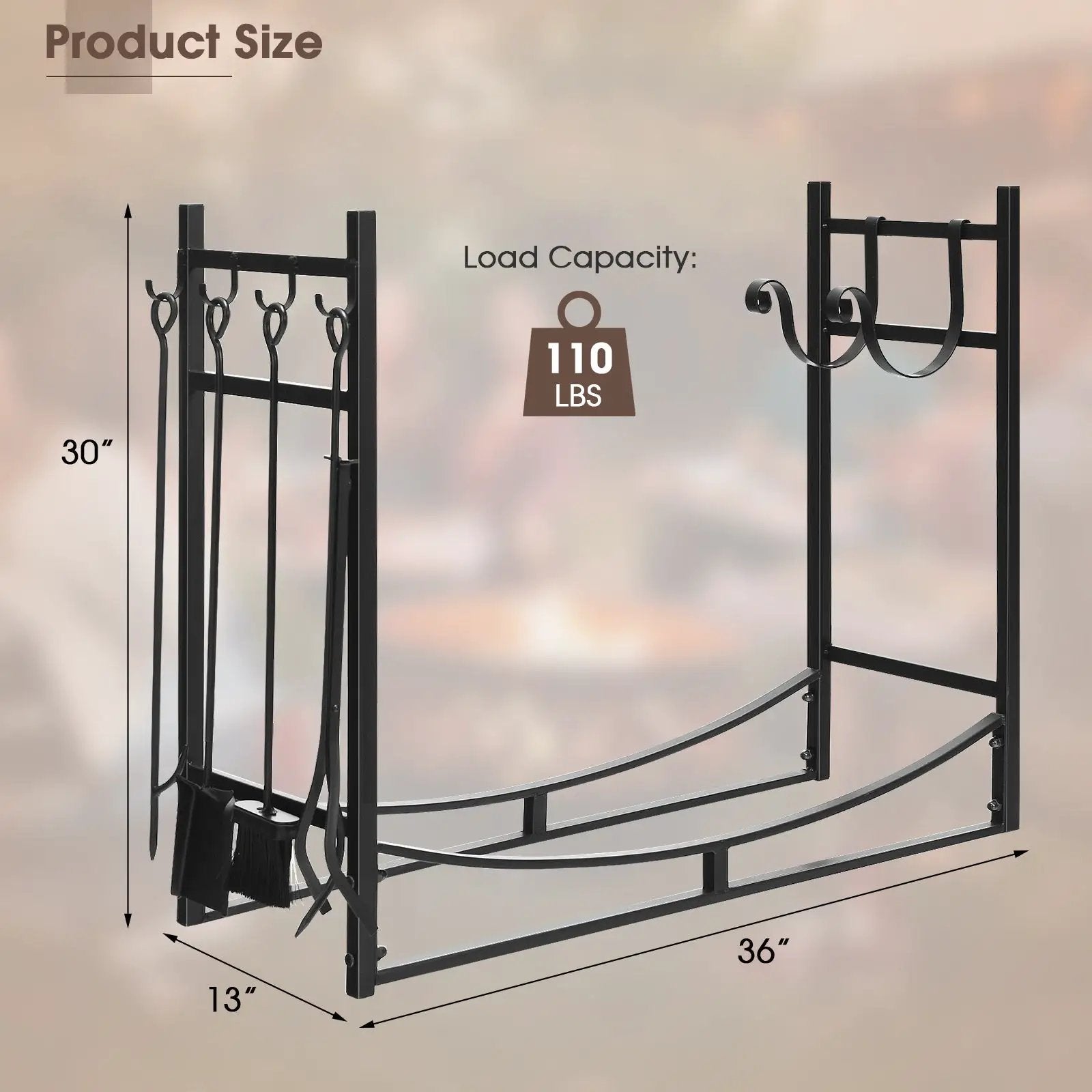 36 Inch Fireplace Log Holder with Tools and Kindling Holders by DirectDeals